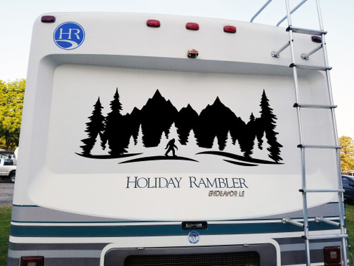 Bigfoot Forest Trees Scene V1 Vinyl Decal - RV Camper Graphics Travel Trailer - Die Cut Sticker
