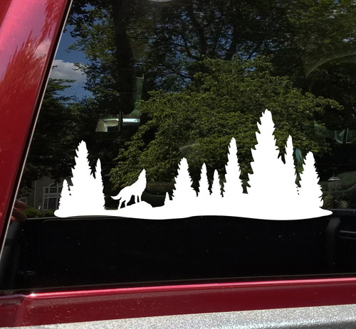 Wolf in Treeline Vinyl Decal - RV Graphics Motorhome Pine Trees Forest  - Die Cut Sticker
