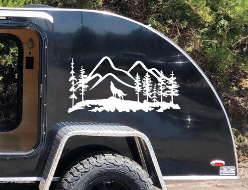 Howling Wolf Mountain Scene Vinyl Decal V4 - RV Camping Graphics - Die Cut Sticker
