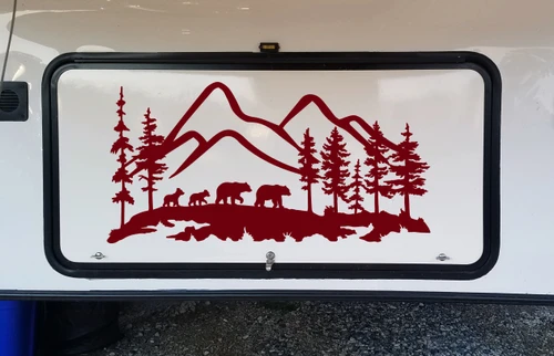 Bear Family Mountain Scene Vinyl Decal - RV Motorhome Graphics - Die Cut Sticker