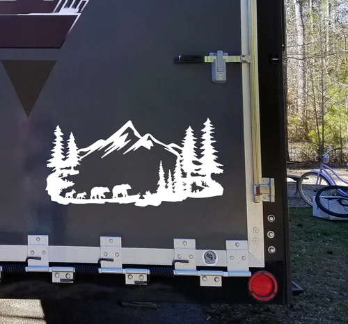 Bear Family Mountain Scene Vinyl Decal V2 - RV Motorhome Graphics - Die Cut Sticker