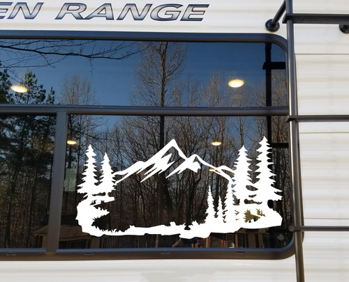 Mountain Forest Scene Vinyl Decal V10 - RV Camper Graphics - Die Cut Sticker