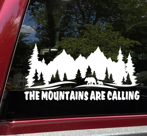 The Mountains Are Calling Vinyl Decal V3 - Bear Family RV Camper Graphics Scene - Die Cut Sticker