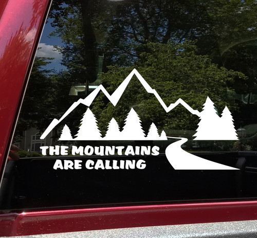 The Mountains Are Calling Vinyl Decal V6 - Forest RV Camper Road Graphics Scene - Die Cut Sticker