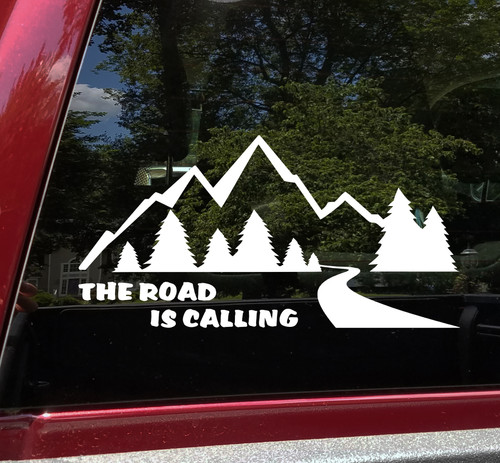 The Road is Calling Mountain Scene Vinyl Decal V2 - Forest RV Camper Graphics - Die Cut Sticker