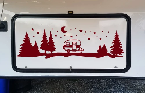 Travel Trailer Moon Scene Vinyl Decal - Camper Graphics Trees Stars - Die Cut Sticker