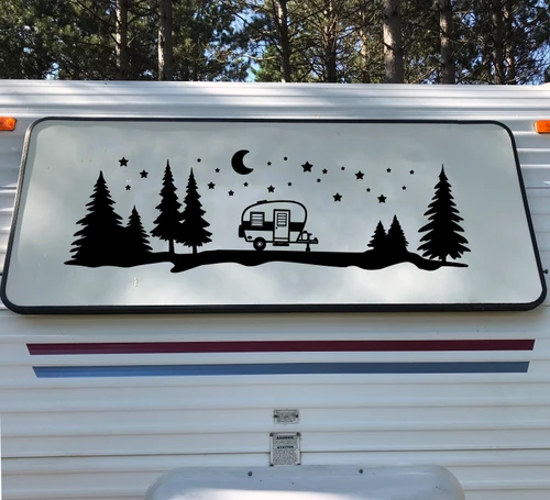 Travel Trailer Moon Scene Vinyl Decal - Camper Graphics Trees Stars - Die Cut Sticker