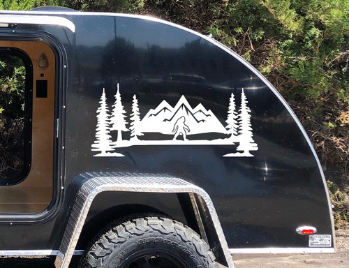 Bigfoot Sasquatch Mountains Scene Vinyl Decal V9 - PNW Trees RV Graphics Travel Trailer Camper - Die Cut Sticker