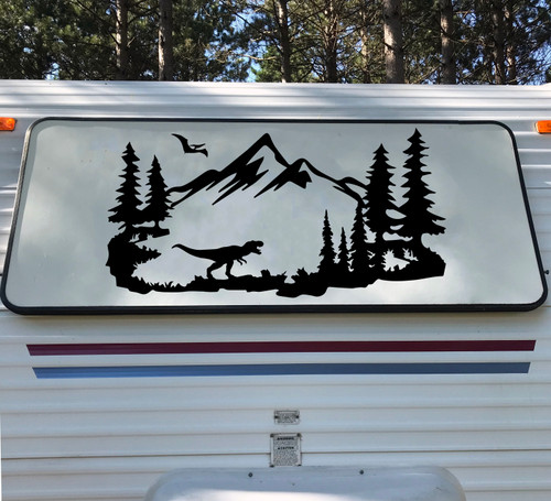 T-Rex Mountains Scene Vinyl Decal V2 - Pterodactyl Dinosaur RV Travel Trailer - Die Cut Sticker