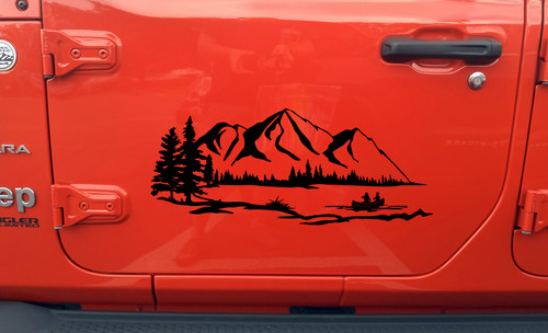 Lake Mountain Canoe Scene Vinyl Decal V1 - RV Graphics Camping - Die Cut Sticker