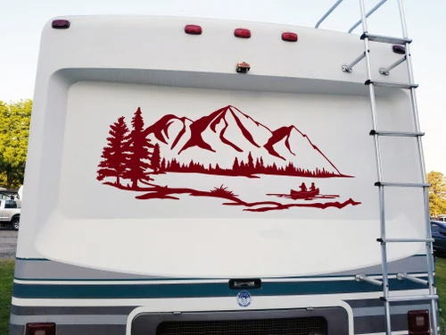 Lake Mountain Canoe Scene Vinyl Decal V1 - RV Graphics Camping - Die Cut Sticker