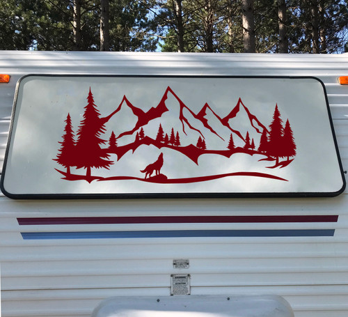 Wolf Mountains Forest Scene Vinyl Decal V7 - RV Travel Trailer Graphics - Die Cut Sticker
