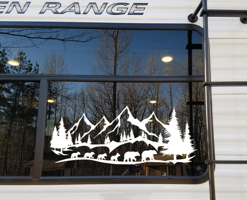 Bear Family of 6 Mountains Forest Scene Vinyl Decal V5 - RV Graphics Camping - Die Cut Sticker

