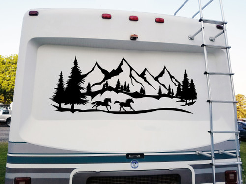 Horses Running Mountains Forest Scene Vinyl Decal V3 - Camper Graphics RV - Die Cut Sticker
