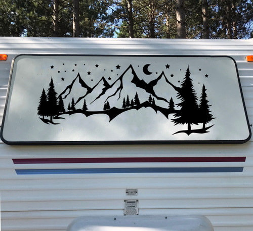 Moon and Stars Mountain Scene Vinyl Decal V4 - Camping RV Travel Trailer - Die Cut Sticker