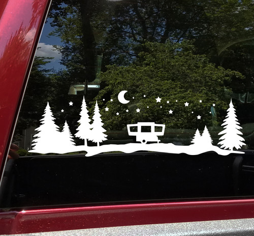 Pop-Up Camper Moon Stars Vinyl Decal - Trees Forest Graphics - Die Cut Sticker
