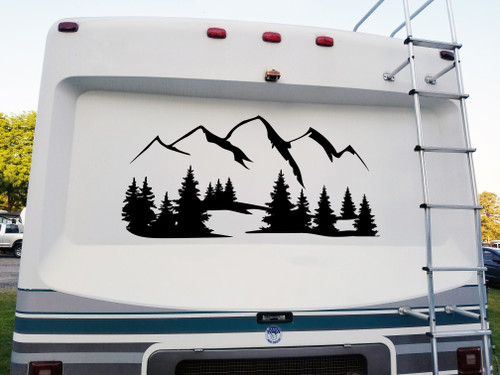 Mountains Forest Scene Vinyl Decal V16 - RV Travel Trailer Graphics - Die Cut Sticker