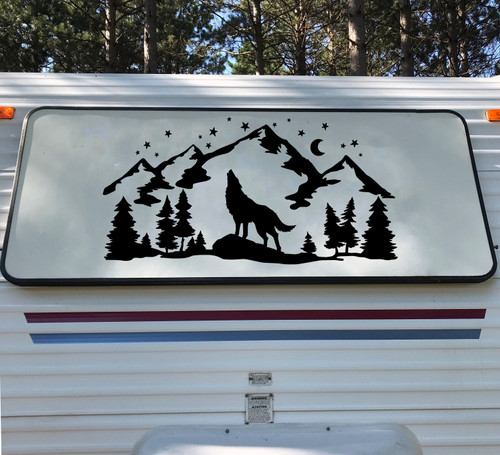 Howling Wolf Moon Mountains Forest Scene V4 - Camper Graphics - Die Cut Sticker