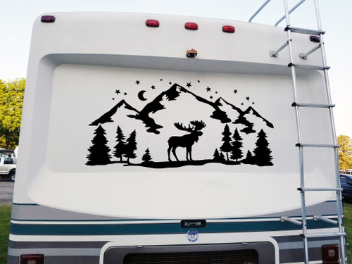 Moose Mountains Moon Scene - RV Camper Graphics - Die Cut Sticker
