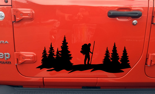 Hiker in Forest Scene Vinyl Decal V2 - Truck Camper Graphics Mountains - Die Cut Sticker