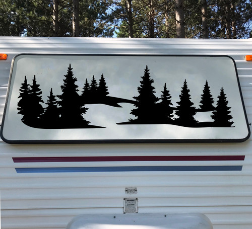 Mountains Forest Scene Vinyl Decal V17 - RV Travel Trailer Graphics - Die Cut Sticker
