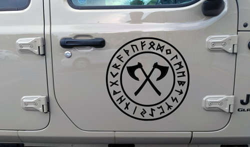 Crossed Viking Axes in Runic Circle Vinyl Decal - Viking Nordic Runes - Die Cut Sticker
