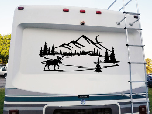 Moose Ducks Lake Mountain Moon Scene Vinyl Decal - Graphics RV Trailer - Die Cut Sticker