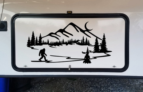 Bigfoot Mountain Lake Scene Vinyl Decal V1 - Moon Ducks RV Graphics - Die Cut Sticker
