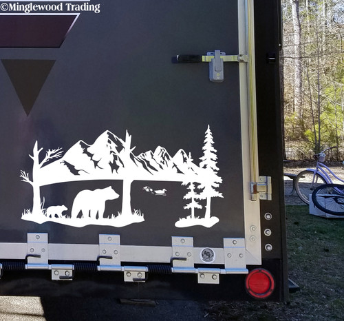 Bears Ducks Lake Mountain Scene Vinyl Decal - Camper Graphics Scenery - Die Cut Sticker