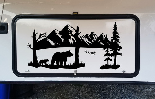 Bears Ducks Lake Mountain Scene Vinyl Decal - Camper Graphics Scenery - Die Cut Sticker