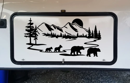 Bear Family Moon Scene Vinyl Decal V4 - Mountain Forest RV Graphics - Die Cut Sticker