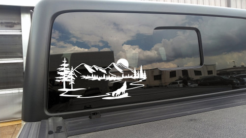 Howling Wolf Moon Scene Vinyl Decal V5 - Mountain Forest RV Graphics - Die Cut Sticker