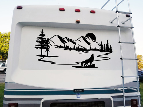 Howling Wolf Moon Scene Vinyl Decal V5 - Mountain Forest RV Graphics - Die Cut Sticker