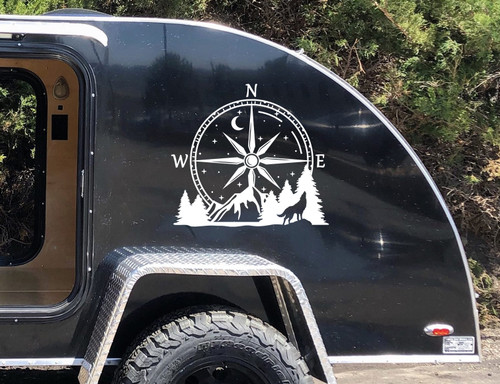 Compass Howling Wolf Mountain Vinyl Decal V1 - Moon Stars Forest Scene Graphics - Die Cut Sticker