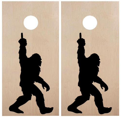 Bigfoot waving Middle Finger Cornhole Board Decals - PNW Sasquatch  - Vinyl Die Cut Stickers - each 18w x 33h inches
