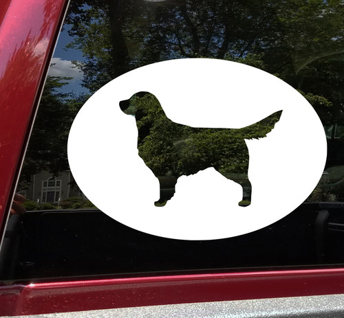 Golden Retriever Goldie dog silhouette inside oval border vinyl decal for car truck SUV camper and RV windows