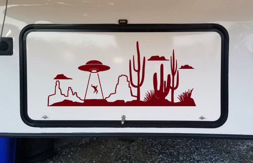 UFO Desert Cactus Scene Vinyl Decal - RV Graphics Alien Abduction - Die Cut Sticker