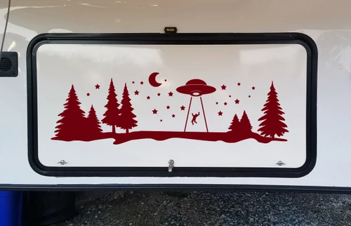 UFO Forest Moon Scene Vinyl Decal V1 - RV Graphics Stars Alien Abduction - Die Cut Sticker
