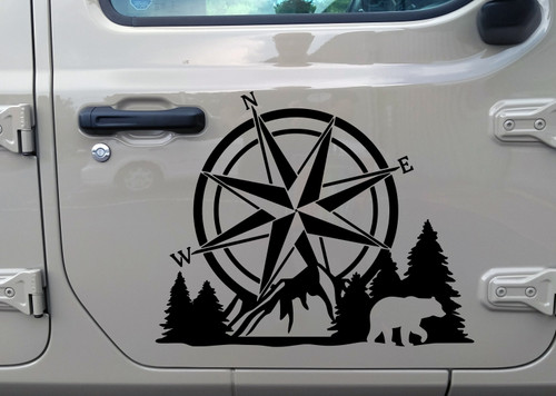 Compass Bear Mountain Forest Scene V2 - Camping RV Graphics Scenery - Die Cut Sticker
