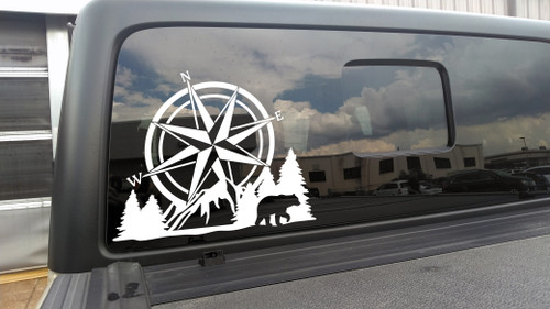 Compass Bear Mountain Forest Scene V2 - Camping RV Graphics Scenery - Die Cut Sticker