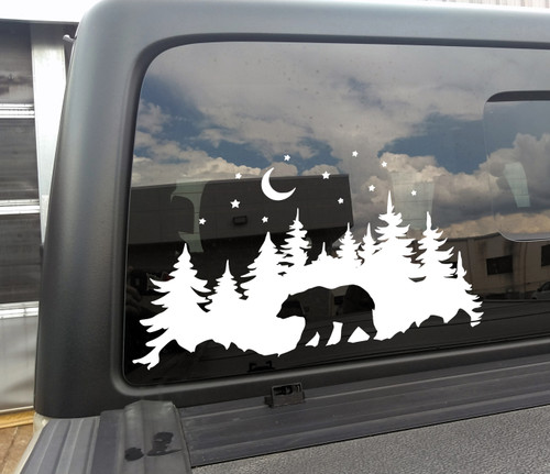 Bear in Forest Moon Stars V1 Vinyl Decal - RV Graphics Scene Camping PNW - Die Cut Sticker