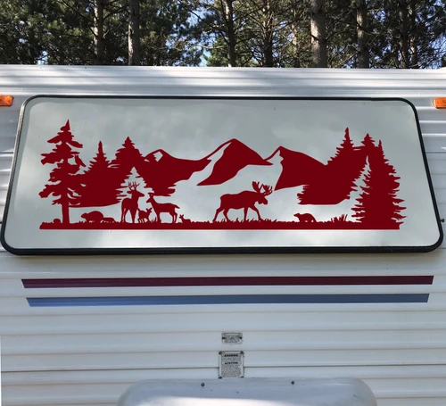 Woodland Creatures in Forest Vinyl Decal - RV Graphics Scene Camping Mountains - Die Cut Sticker