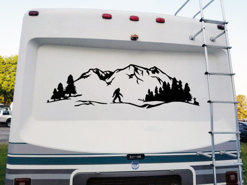 Snowy Mountain Scene with Bigfoot V15 Vinyl Decal - Camping Sasquatch - Die Cut Sticker
