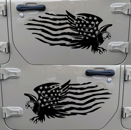 Set of 2 American Flag with Bald Eagle Vinyl Decal - Mirrored Distressed - Die Cut Sticker