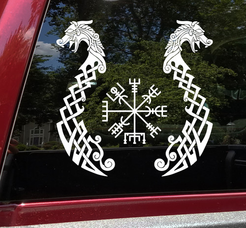 Viking Dragons with Viking Compass Vinyl Decal V2 - Fafnir Vegvisir Norse Mythology - Die Cut Sticker