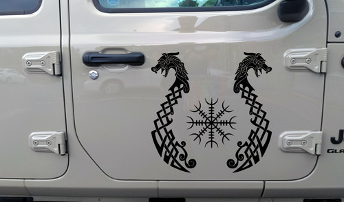 Viking Dragons with Helm of Awe Vinyl Decal V2 - Fafnir Aegishjalmur Norse Mythology - Die Cut Sticker