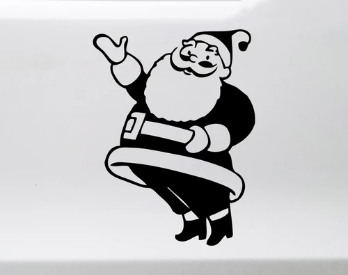 Waving Santa Claus Christmas vinyl decal featuring a smiling full-body Santa wearing a traditional hat, coat, belt and boots with one hand raised