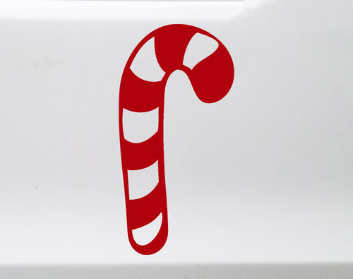 Striped candy cane Christmas vinyl decal displayed on a glass window featuring a curved hook and diagonal candy stripe cutouts