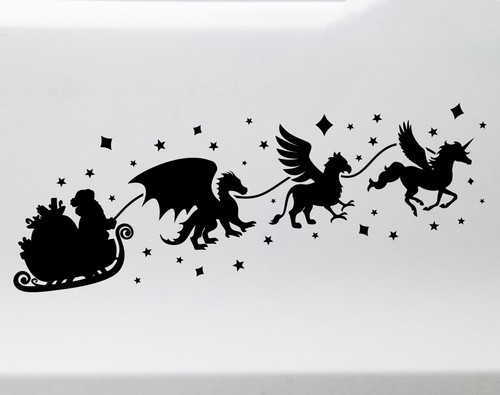 White Christmas vinyl window decal featuring Santa Claus in a gift-filled sleigh pulled by a winged dragon, griffin and winged unicorn surrounded by stars and sparkling shapes