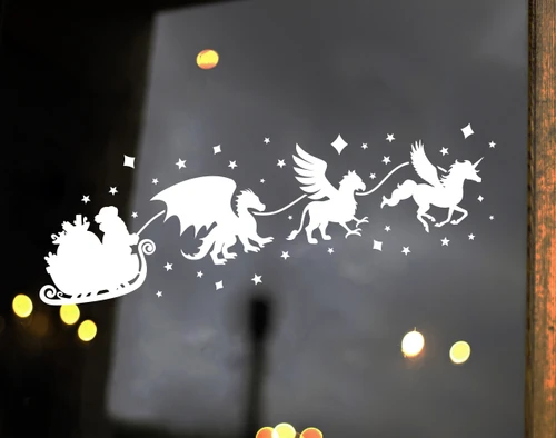 White Christmas vinyl window decal featuring Santa Claus in a gift-filled sleigh pulled by a winged dragon, griffin and winged unicorn surrounded by stars and sparkling shapes